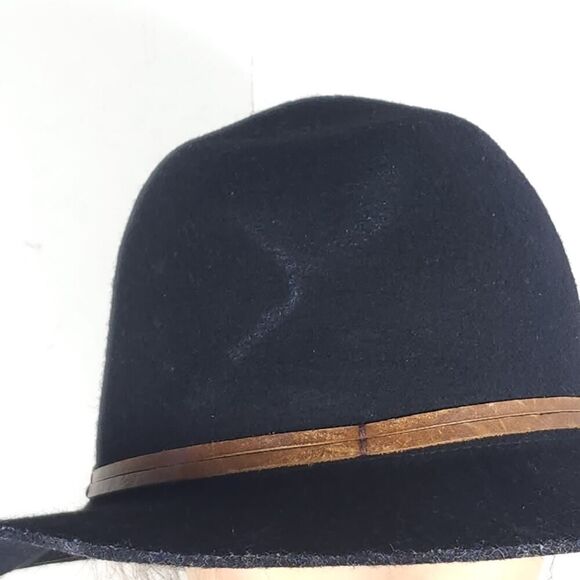 Frye Women's Size Medium /Large Black Wool Felt Brown belt Fedora Hat - Picture 12 of 13